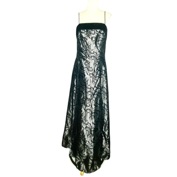 Vintage Gown Glamorous c1980s Dave & Johnny Formal Silver Black Velvet Jacquard - Picture 12 of 12